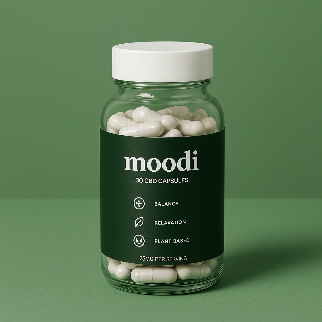 Moodi CBD Capsules UK bottle on green background.