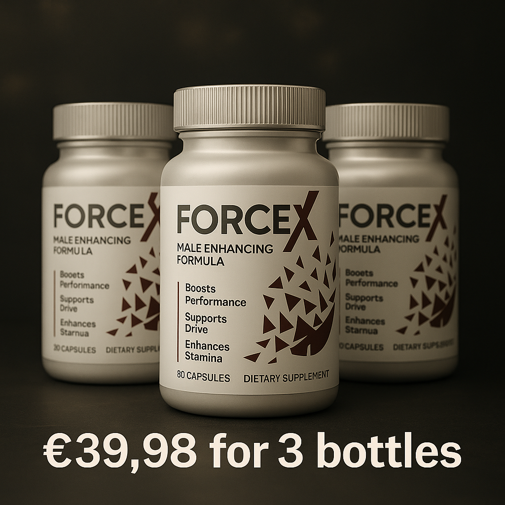 Force X ME "Three bottles of Force X ME male enhancement supplement displayed on a luxurious dark background, highlighting a promotional price of €39.98 for 3 bottles."