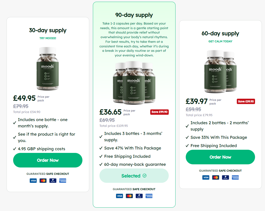 Moodi CBD Capsules bottle on green background.